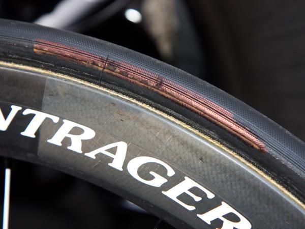 Magic markers are a pro mechanic's best friends. The "Continental" logo is blacked out on Robbie McEwen's (RadioShack) tubular tires.