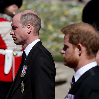 windsor, england april 17 prince william, duke of cambridge, prince harry, duke of sussex and peter phillips during the funeral of prince philip, duke of edinburgh at windsor castle on april 17, 2021 in windsor, england prince philip of greece and denmark was born 10 june 1921, in greece he served in the british royal navy and fought in wwii he married the then princess elizabeth on 20 november 1947 and was created duke of edinburgh, earl of merioneth, and baron greenwich by king vi he served as prince consort to queen elizabeth ii until his death on april 9 2021, months short of his 100th birthday his funeral takes place today at windsor castle with only 30 guests invited due to coronavirus pandemic restrictions photo by gareth fullerwpa poolgetty images