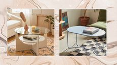 UO tables on a swirled brown marble background