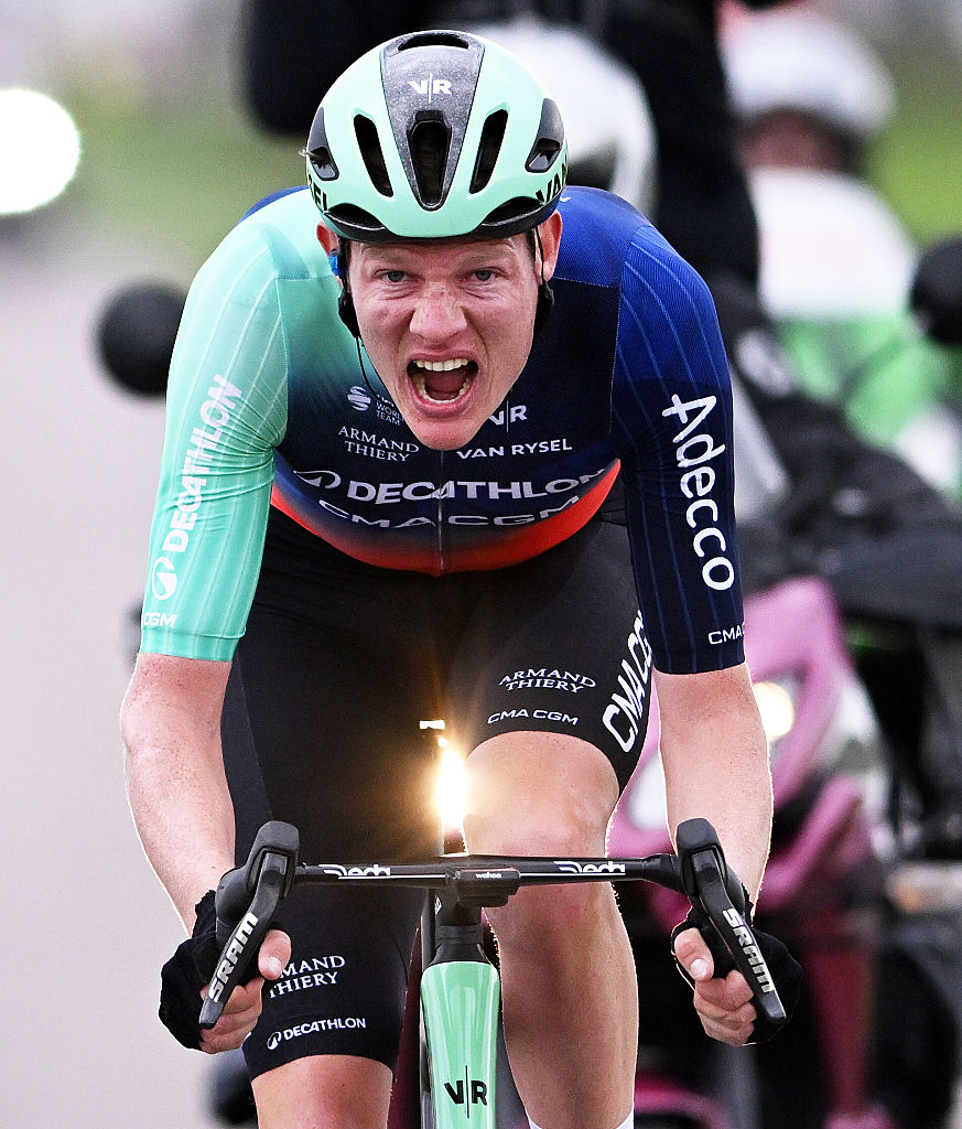 MONTARGIS, FRANCE - MARCH 09: Daan Hoole of Netherlands and Team Decathlon CMA CGM competes in the breakaway during the 84th Paris-Nice 2026, Stage 2 a 187km stage from Epone to Montargis / #UCIWT / on March 09, 2026 in Montargis, France. (Photo by Szymon Gruchalski/Getty Images)