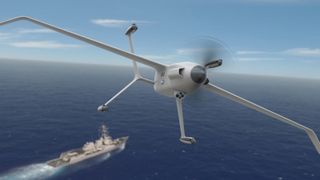 Artist illustration of the unmanned military aircraft flying above open ocean with large boat in the distance.