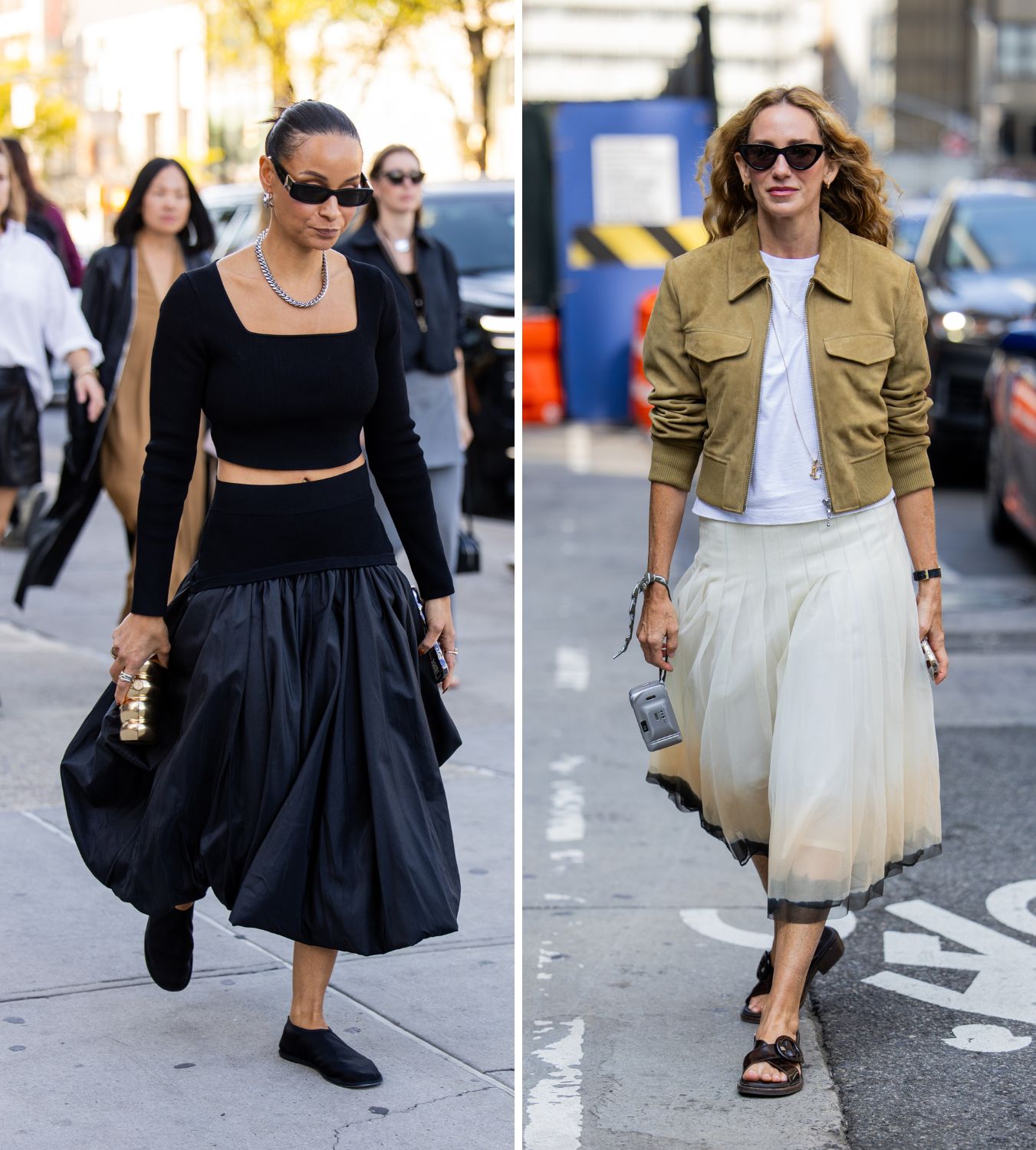 two women at new york fashion week wearing statement midi skirts