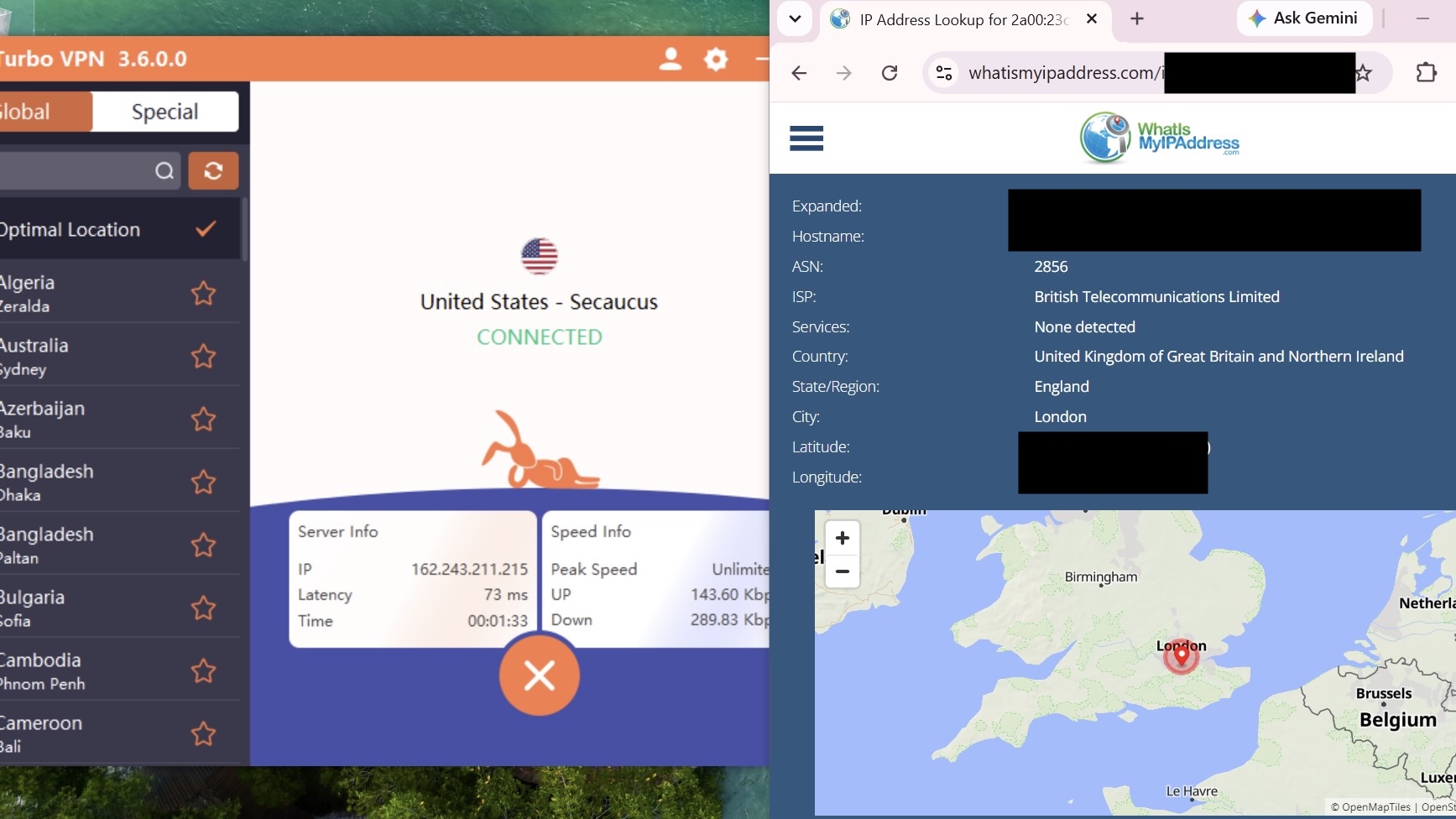 Screenshot showing IPv6 leak on Turbo VPN
