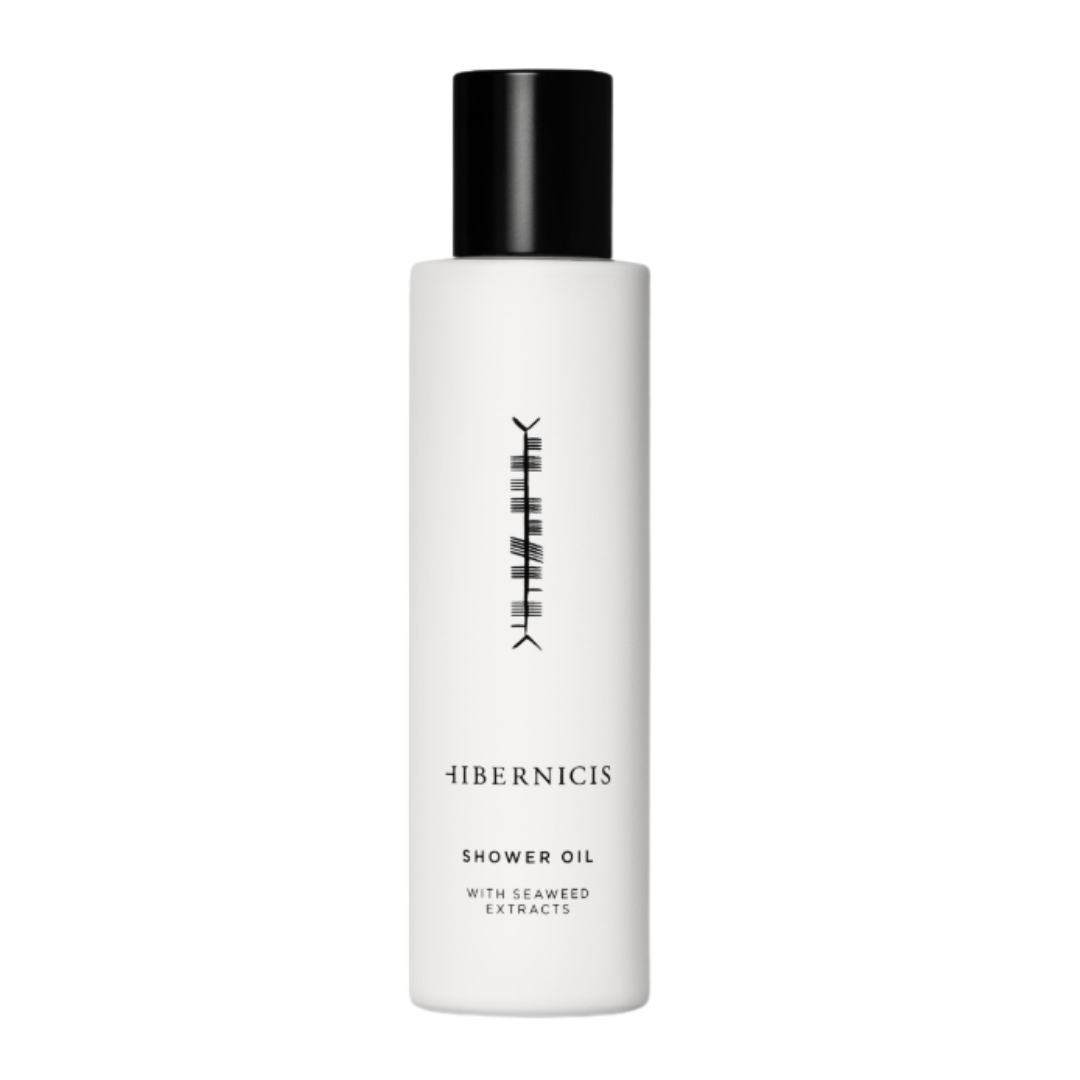 A product shot of the Hibernicis Sonas Shower Oil, on a white background