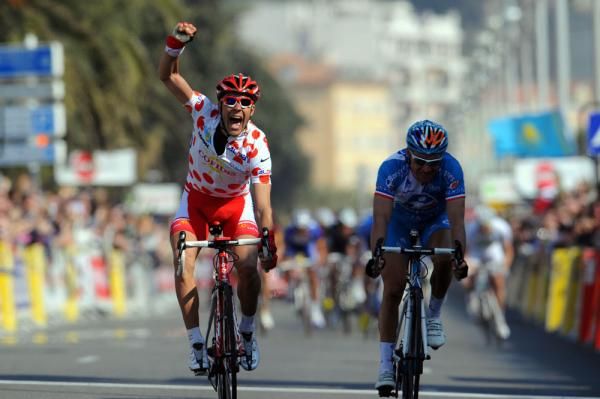 Ama&euml;l Moinard (Cofidis) rejoices in victory over compatriot Thomas Voeckler (Bbox Bouygues Telecom)