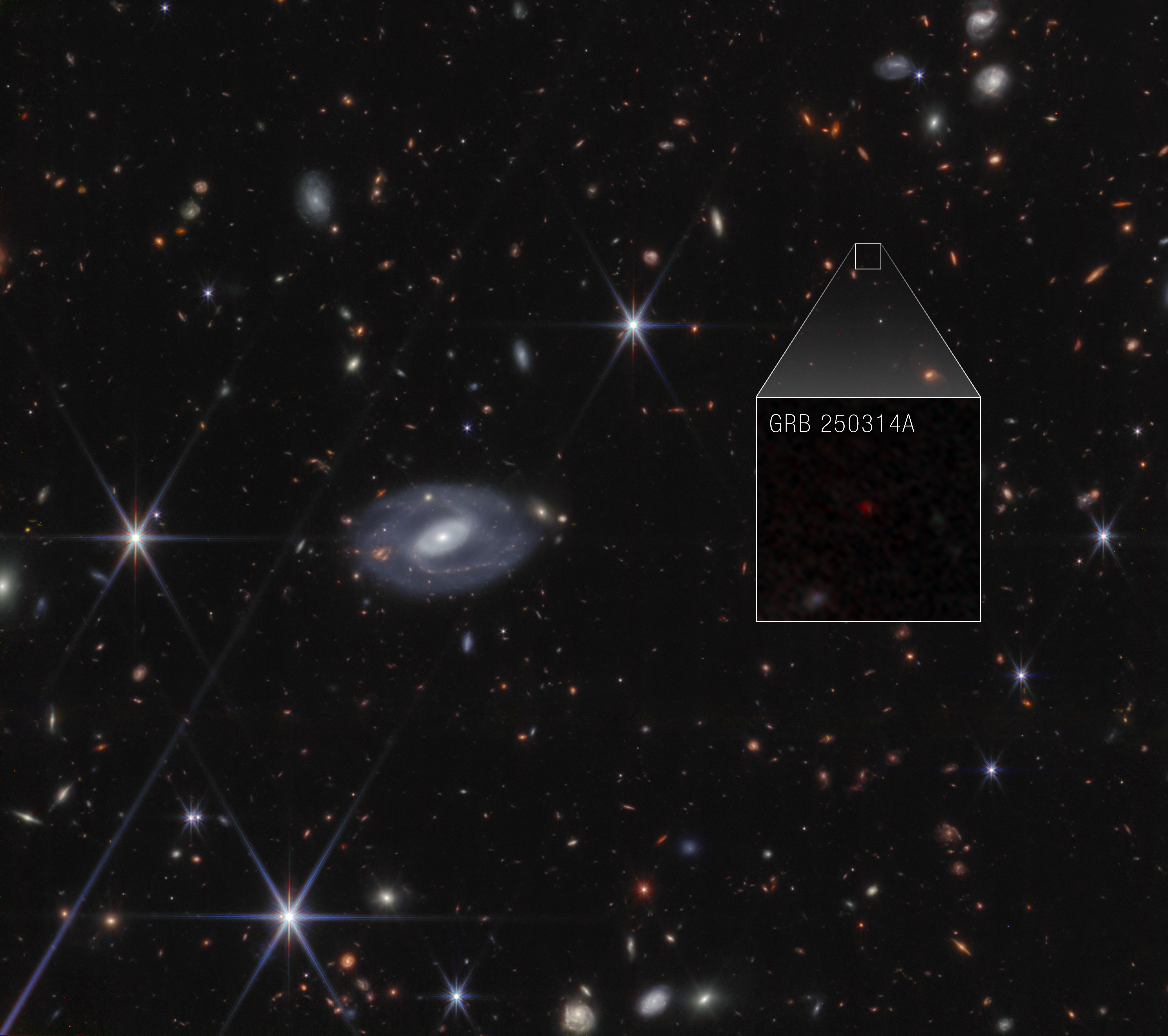 A James Webb Space Telescope image with supernova GRB 250314A highlighted in a box.