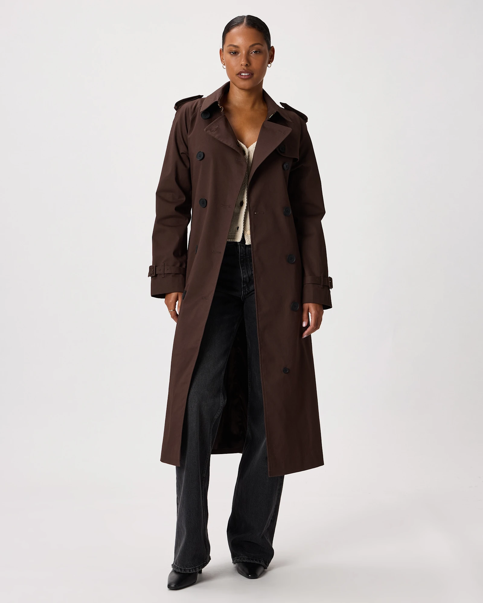 Comfort Stretch Long Trench Coat in Coffee Bean Brown