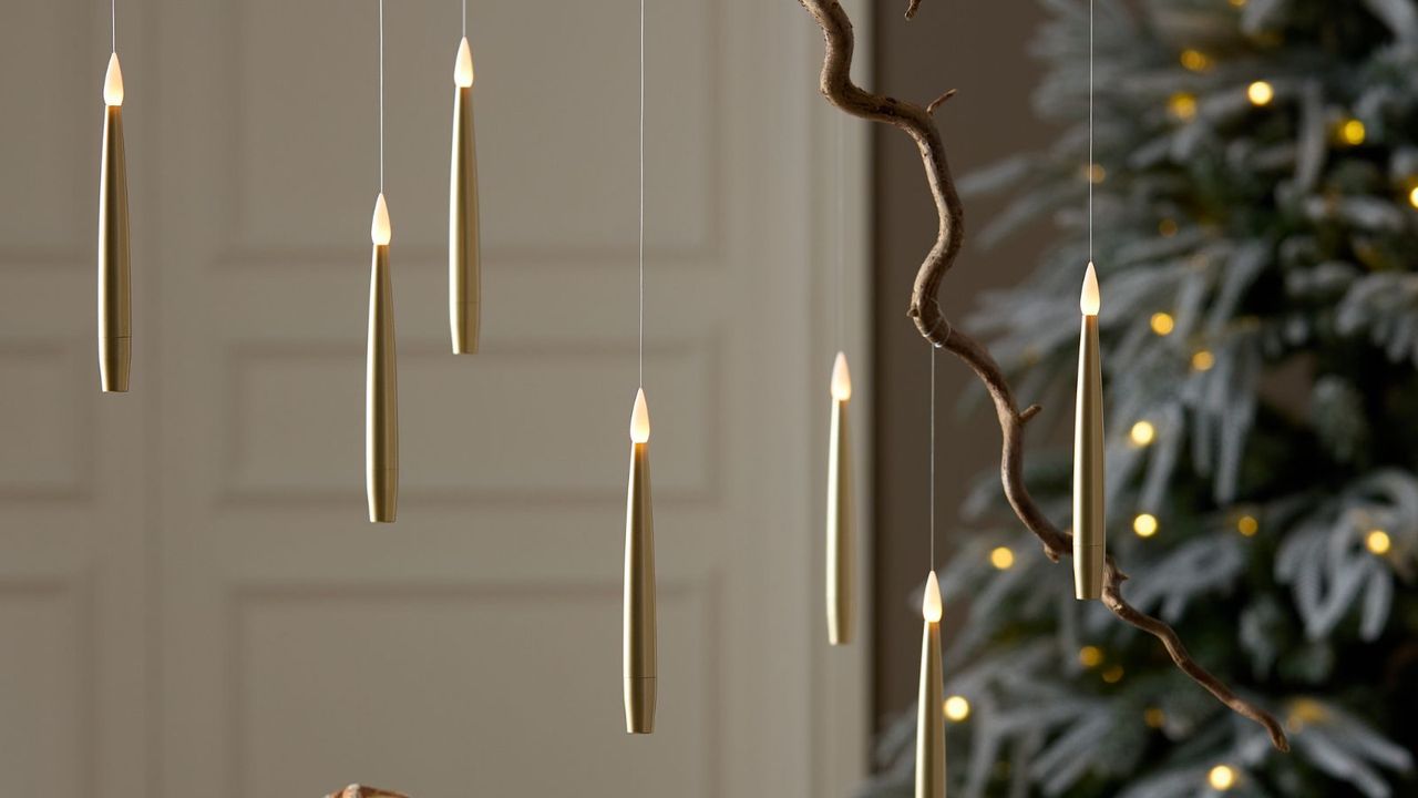 A set of six white LED taper candles hanging from fishing line from a branch. A christmas tree is out of focus in the background