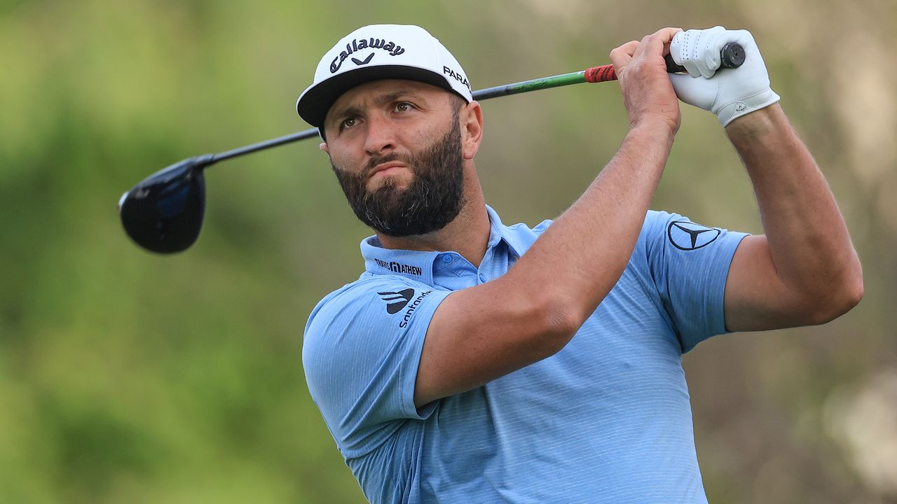 Jon Rahm takes a shot in a practice match prior to the 2023 DP World Tour Championship in Dubai