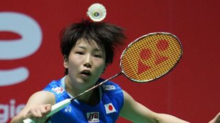 Akane Yamaguchi of Japan aims to return the shuttlecock ahead of the BWF Badminton World Championships 2023