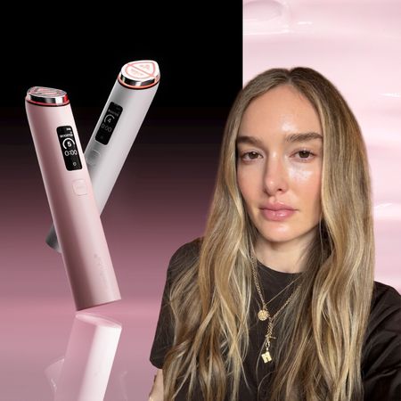 two skincare devices in white and pink on a purple ombre background with a white woman with blonde hair and glowing skin on a pink cream background