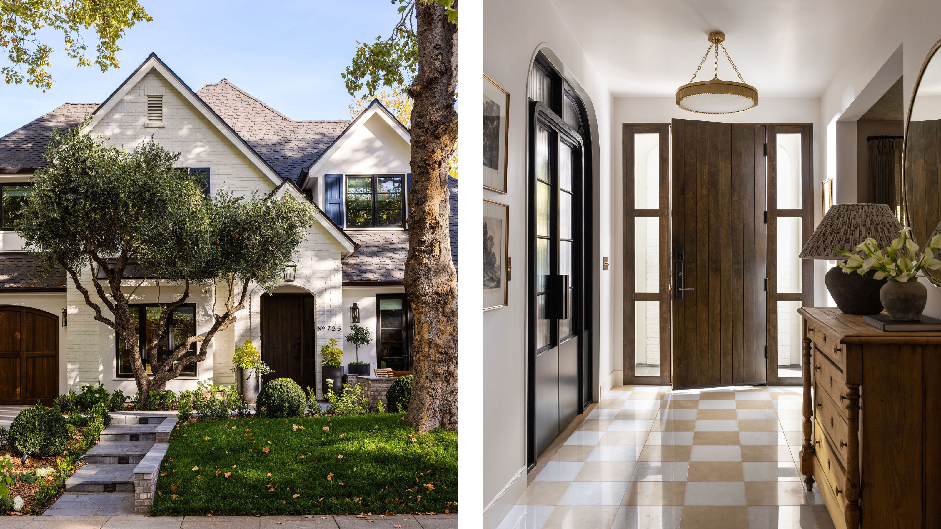 two side by side images of an exterior tudor style remodeled home and an entry with checkerboard flooring