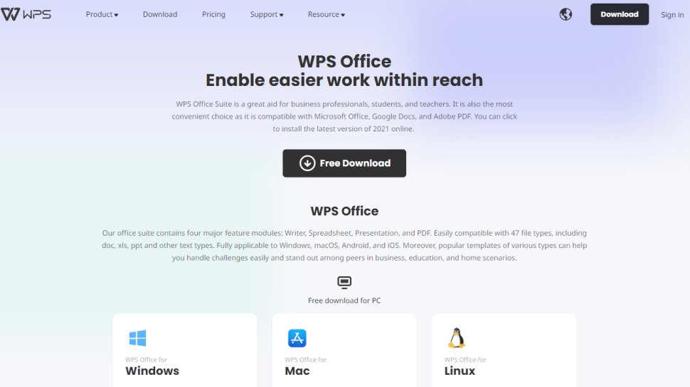 Website screenshot for WPS Office