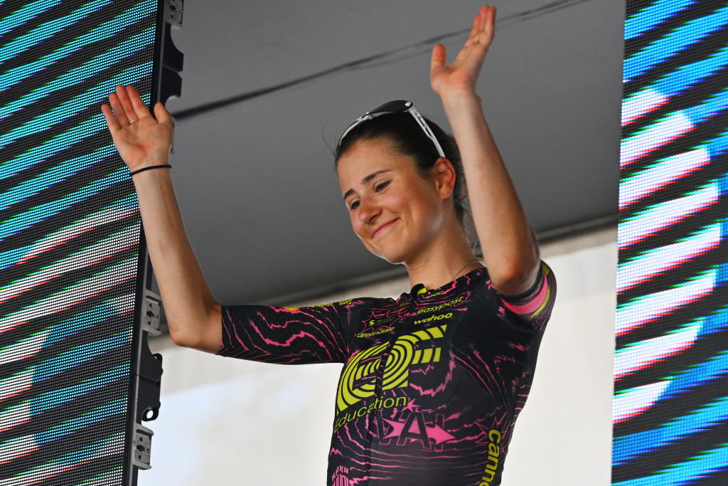 CHIETI ITALY JULY 12 Clara Emond of Canada and Team EF EducationCannondale Blue Mountain Jersey celebrates at podium during the 35th Giro dItalia Women 2024 Stage 6 a 159km stage from San Benedetto del Tronto to Chieti 330m UCIWWT on July 12 2024 in San Benedetto del Chieti Italy Photo by Luc ClaessenGetty Images