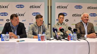 Wilfried Peeters, Belgian Sports director of team Ettix-QuickStep, Zdenek Stybar, Niki Terpstra and Patrick Lefevere attend a press conference ahead of Sunday's Tour of Flanders.