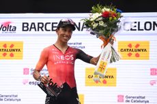 Egan Bernal on the podium after placing third at the Volta Catalunya 2024