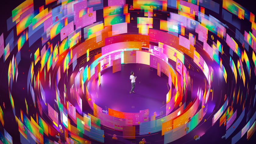 Digital generated image of young japanese woman standing inside multicoloured data sheets and social media chat icons organised into circular pattern around her against purple background.