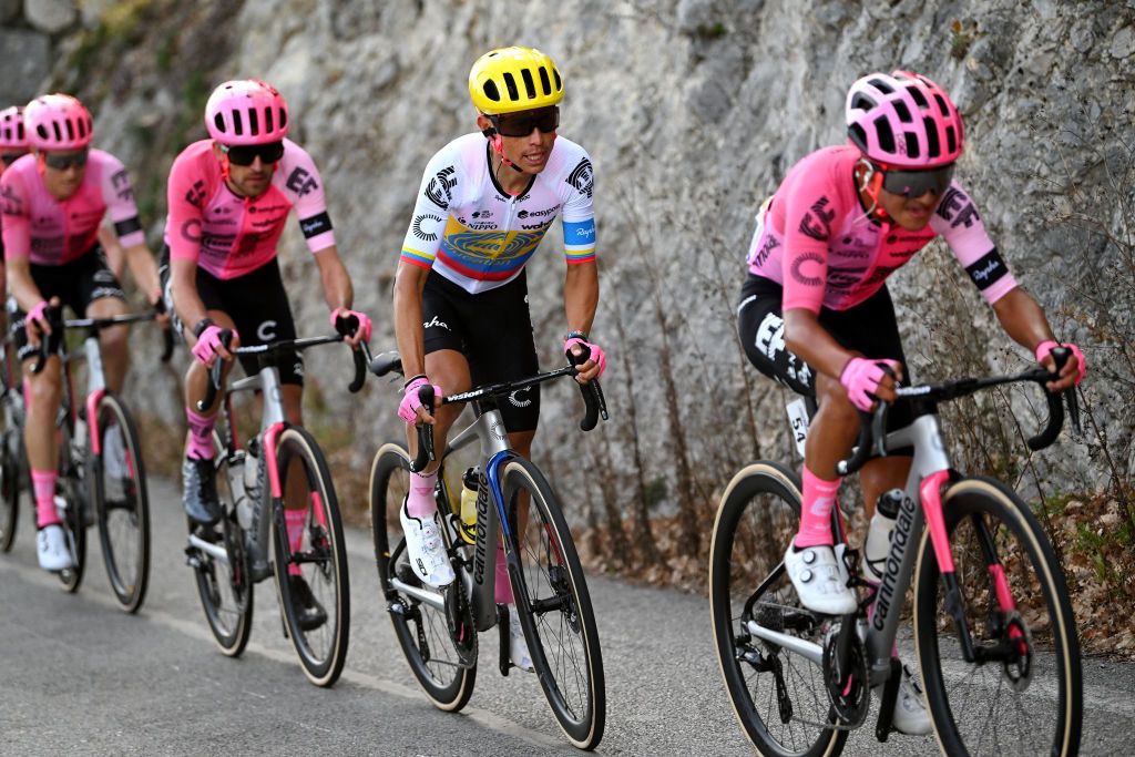 VENCE FRANCE FEBRUARY 19 Esteban Chaves of Colombia and Team EF Education EasyPost competes during the 55th Tour Des Alpes Maritimes Et Du Var 2023 Stage 3 a 1318km stage from VillefranchesurMer to Vence tour0683 on February 19 2023 in Vence France Photo by Luc ClaessenGetty Images