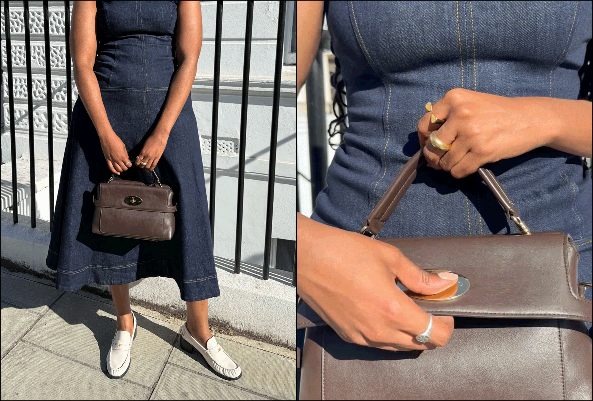 A fashion editor styles the Small Stevie Top Handle in Ebony Supple Smooth Leather