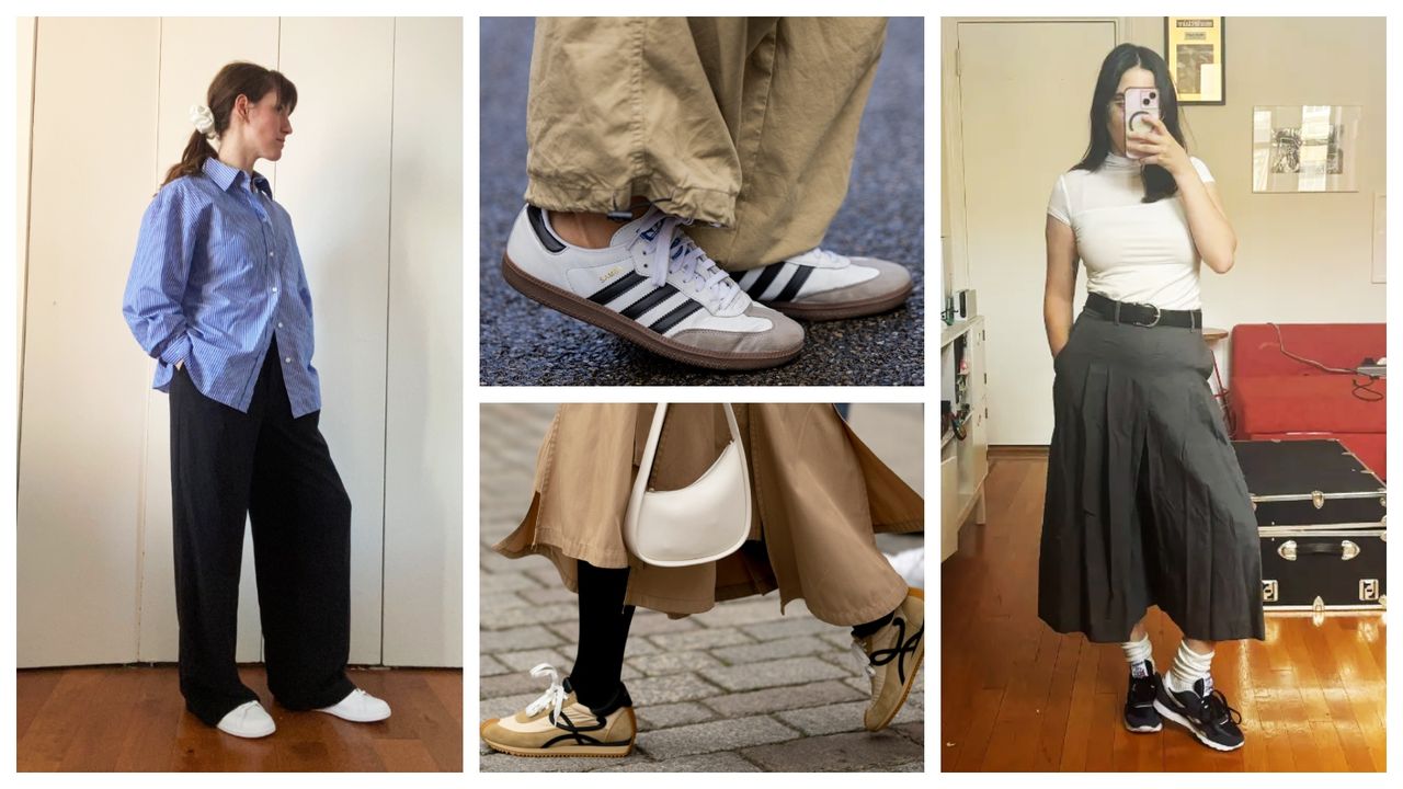 Senior Editor Halie LeSavage tests the Tory Burch Tory Burch Howell Court Sneakers; Getty Images image of Adidas Samba Sneakers; Launchmetrics Spotlight image of Loewe Flowrunner sneakers; Fashion E-Commerce Editor Julia Marzovilla tests the Reebok Classic Nylon Sneakers in navy blue