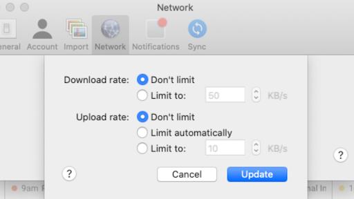 Dropbox's settings for download and upload limits