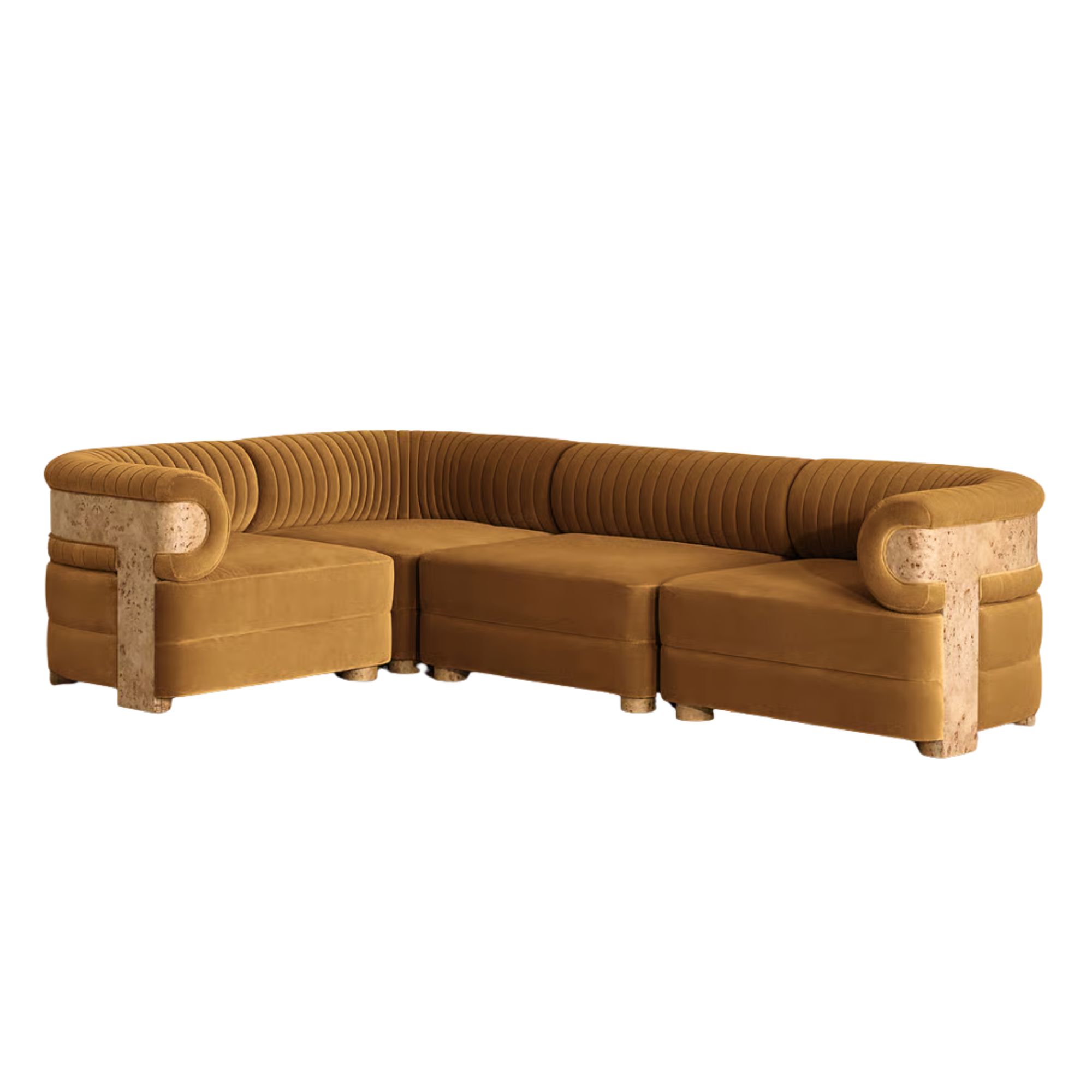 mustard yellow velvet sofa with burl wood frame