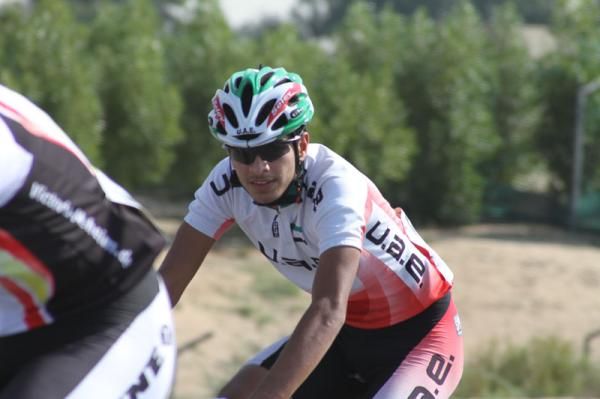 This UAE rider sits at the back of the bunch