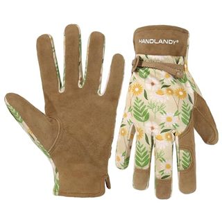 Handlandy Gardening Gloves for Women, Breathable Ladies Leather Garden Yard Gloves Best Gift for Gardeners (khaki-Printing, Small (pack of 1))