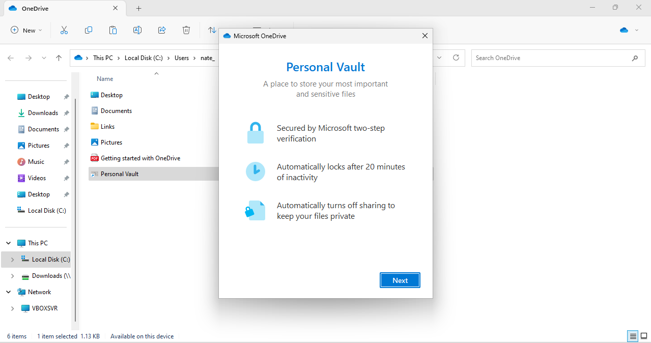 Microsoft OneDrive cloud storage showing the personal vault