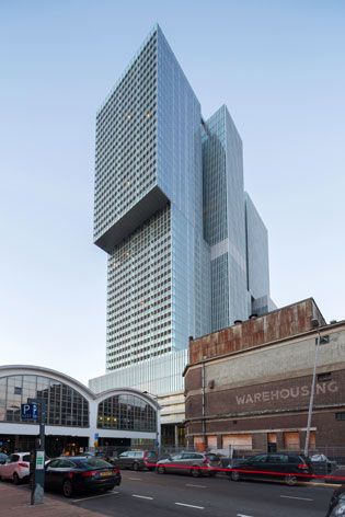 A close-up of the De Rotterdam high rise buildings.