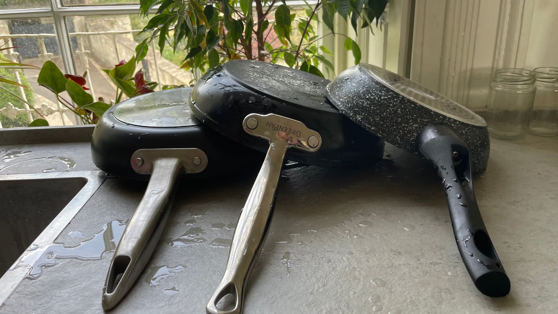 Salter Megastone Frying Pan Set being washed up