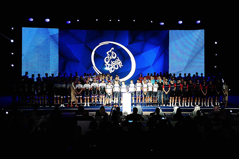 Confetti flies from the rafters at the Dubai team presentation.