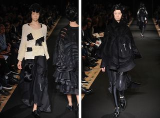 Watanabe dressed the models in triangles, waves and petal shapes, tunic tops, ponchos, capes and dramatic long skirts. mostly using dark colours. Accessorised with close fitted head garments