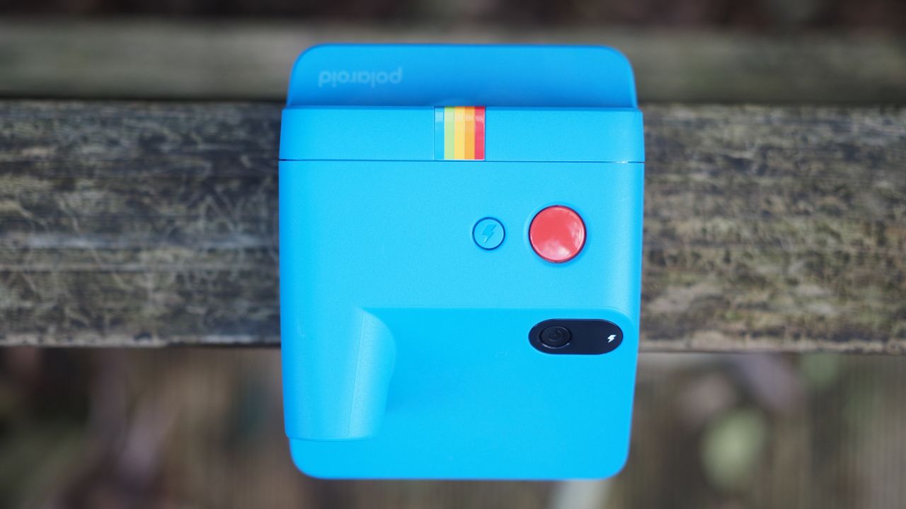 Blue Polaroid Go Gen 2 camera, on a wooden surface in a woodland setting