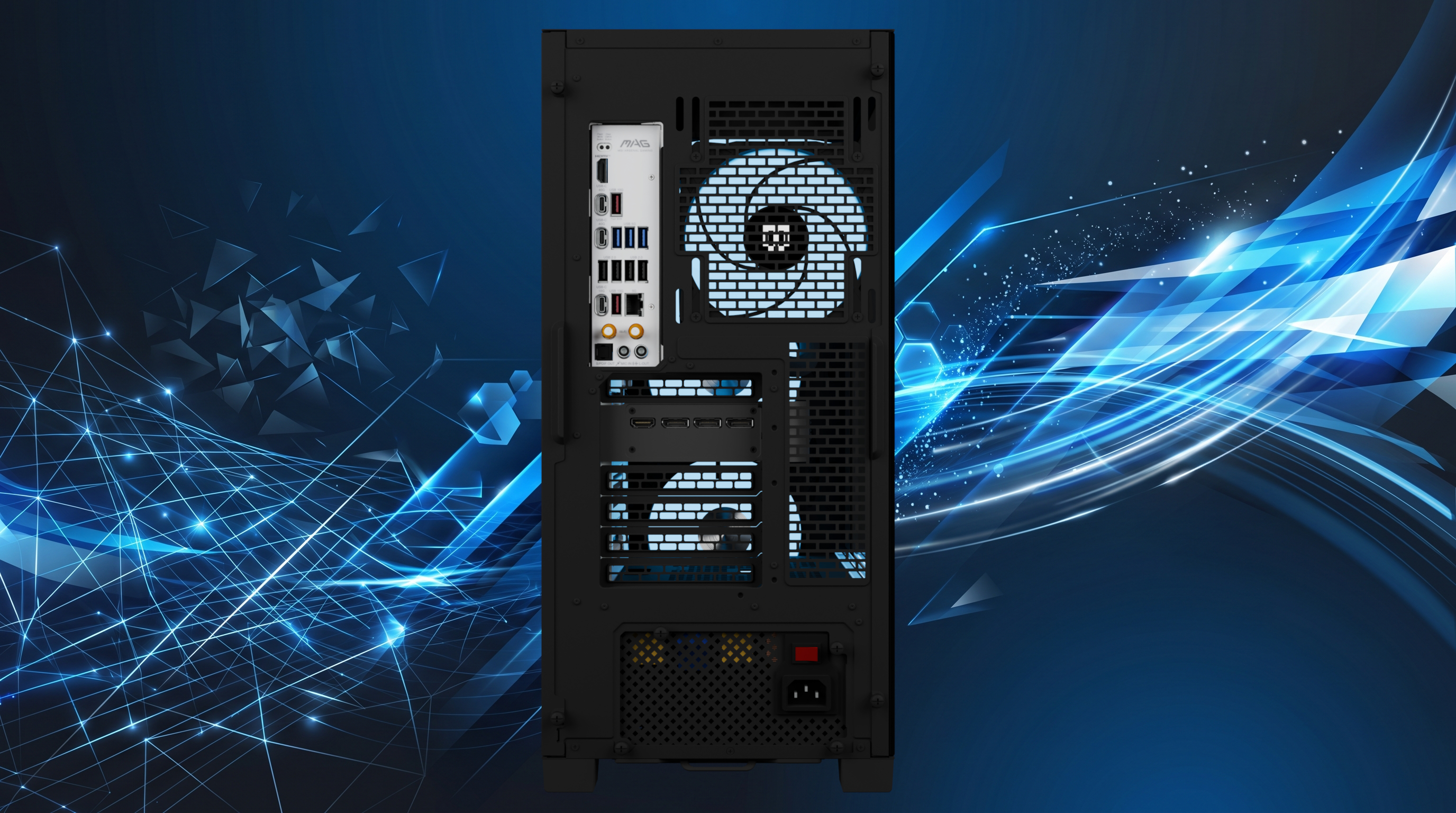Rear view of a desktop PC with visible ports and fan against a futuristic blue background with dynamic light patterns, suggesting high-tech performance.