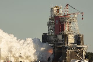 NASA's first Space Launch System core booster ignites its four main engines at the Stennis Space Center near Bay St. Louis, Mississippi on Jan. 16, 2020. Expected to last 8 minutes, the test lasted just over 1 minute. 