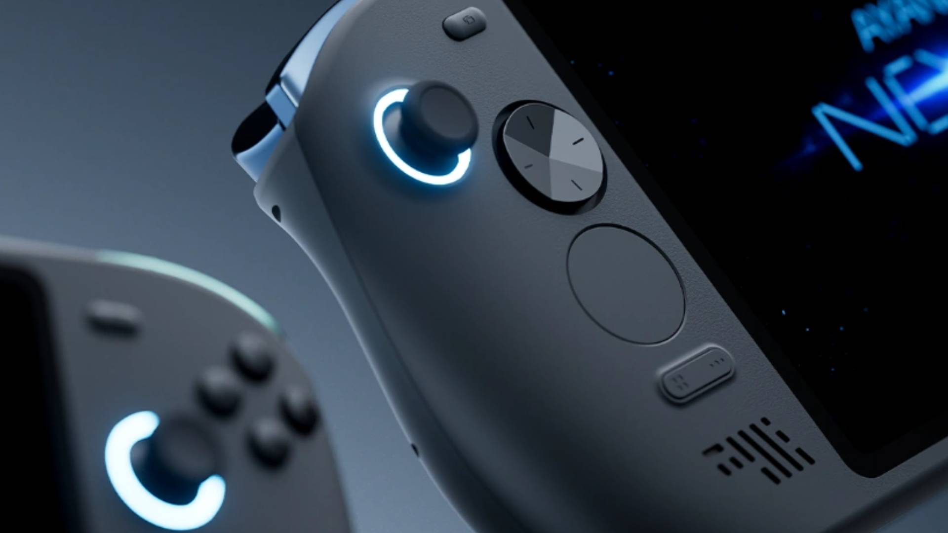 Close up of Ayaneo Next 2 thumb stick and d-pad with grey backdrop.