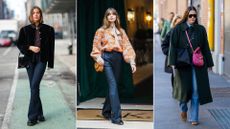 Three women wearing bootcut jeans walking down the street