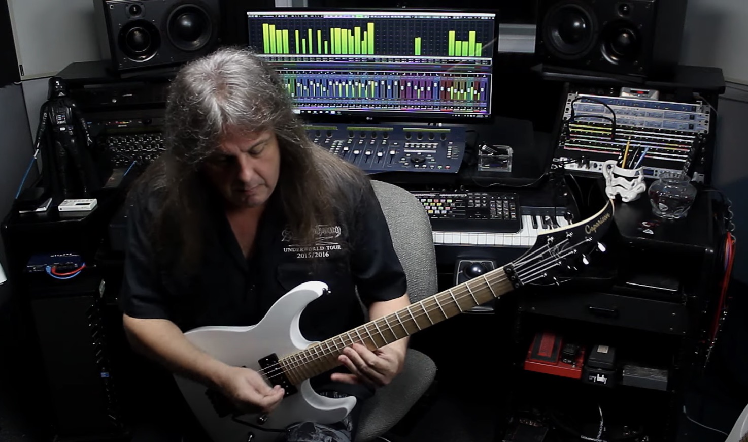 Michael Romeo plays a Caparison MJR guitar at his home studio