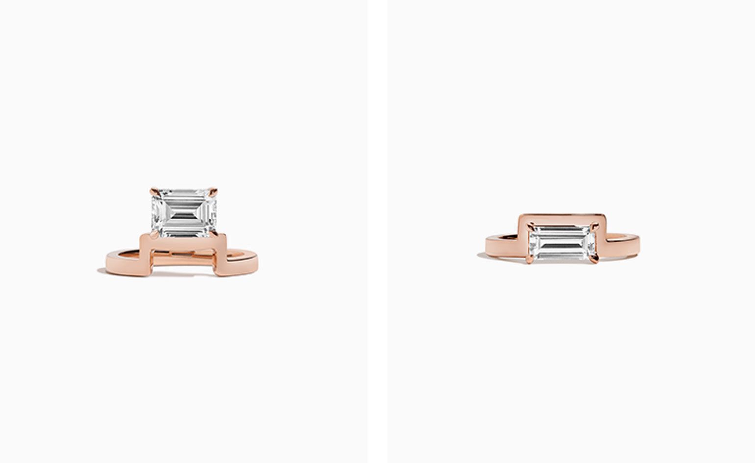 Side by side images of Shahla Karimi’s designs rings. Both have vertical shape arches. Left has the diamond on top. Right has the diamond inside the gap.