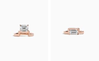 Side by side images of Shahla Karimi’s designs rings. Both have vertical shape arches. Left has the diamond on top. Right has the diamond inside the gap.