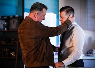 Harvey Monroe talks to Aaron Monroe in EastEnders