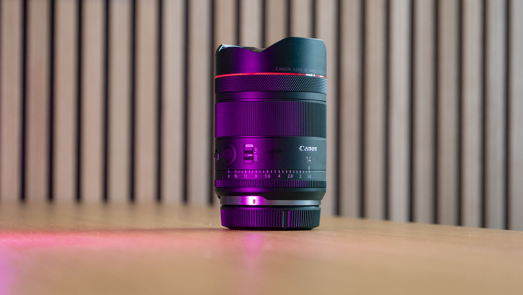 Canon RF 14mm F1.4L VCM lens on a wooden surface