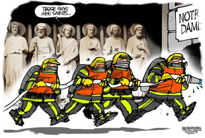 Editorial Cartoon U.S. Notre Dame firefighters heroes destruction Paris