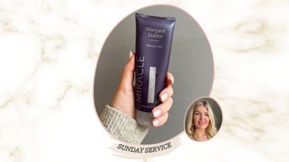 an image of a hand wearing a beige woollen sleeve holding margaret dabbs fabulous feet foot cream