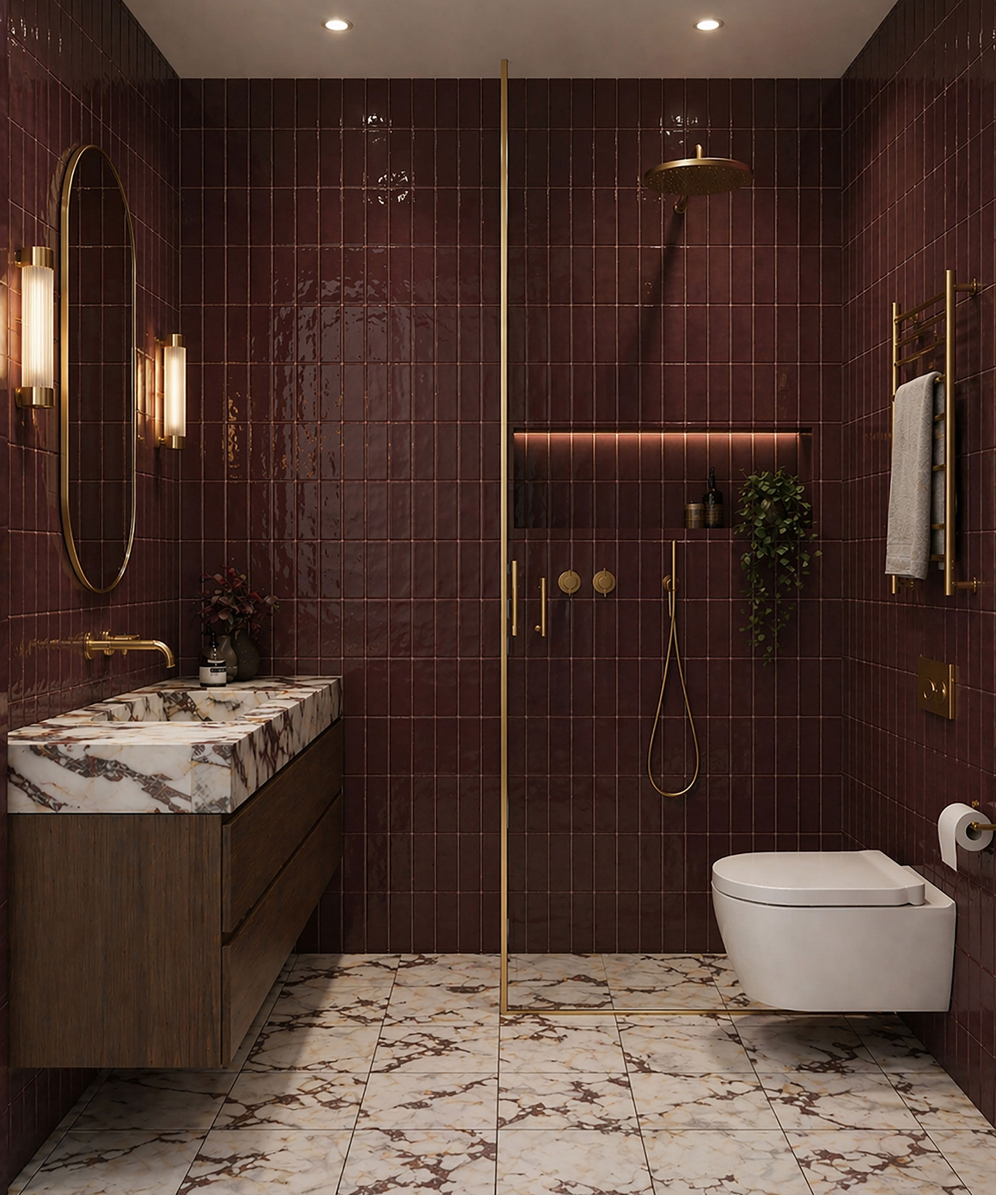 modern shower room with burgundy wall tiles and marble effect floor tiles with wall-hung toilet and brass brassware