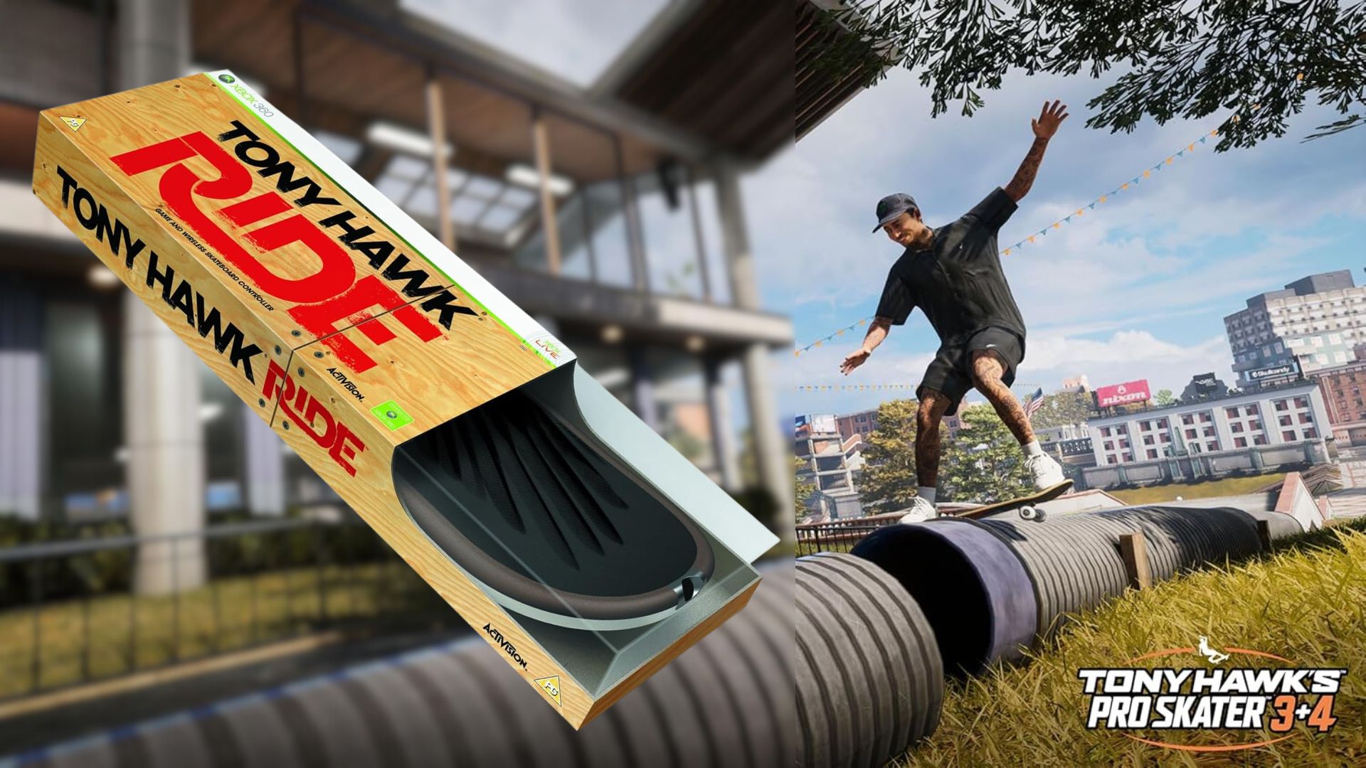 The packaging for Tony Hawk Ride's Shred bundle on top of a screenshot of Tony Hawk's Pro Skater 3 + 4 remake