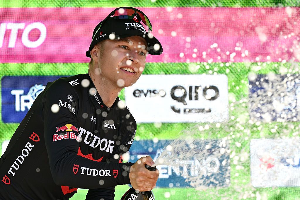 TRENTO, ITALY - APRIL 23: Lennart Jasch of Germany and Team Tudor Pro Cycling celebrates at podium as stage winner during the 48th Tour of the Alps 2026, Stage 4 a 167.8km stage from Arco to Trento on April 23, 2026 in Trento, Italy. (Photo by Tim de Waele/Getty Images)