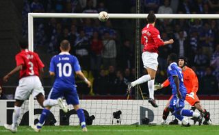 Cristiano Ronaldo heads Manchester United into the lead in the 2008 Champions League final against Chelsea in Moscow.
