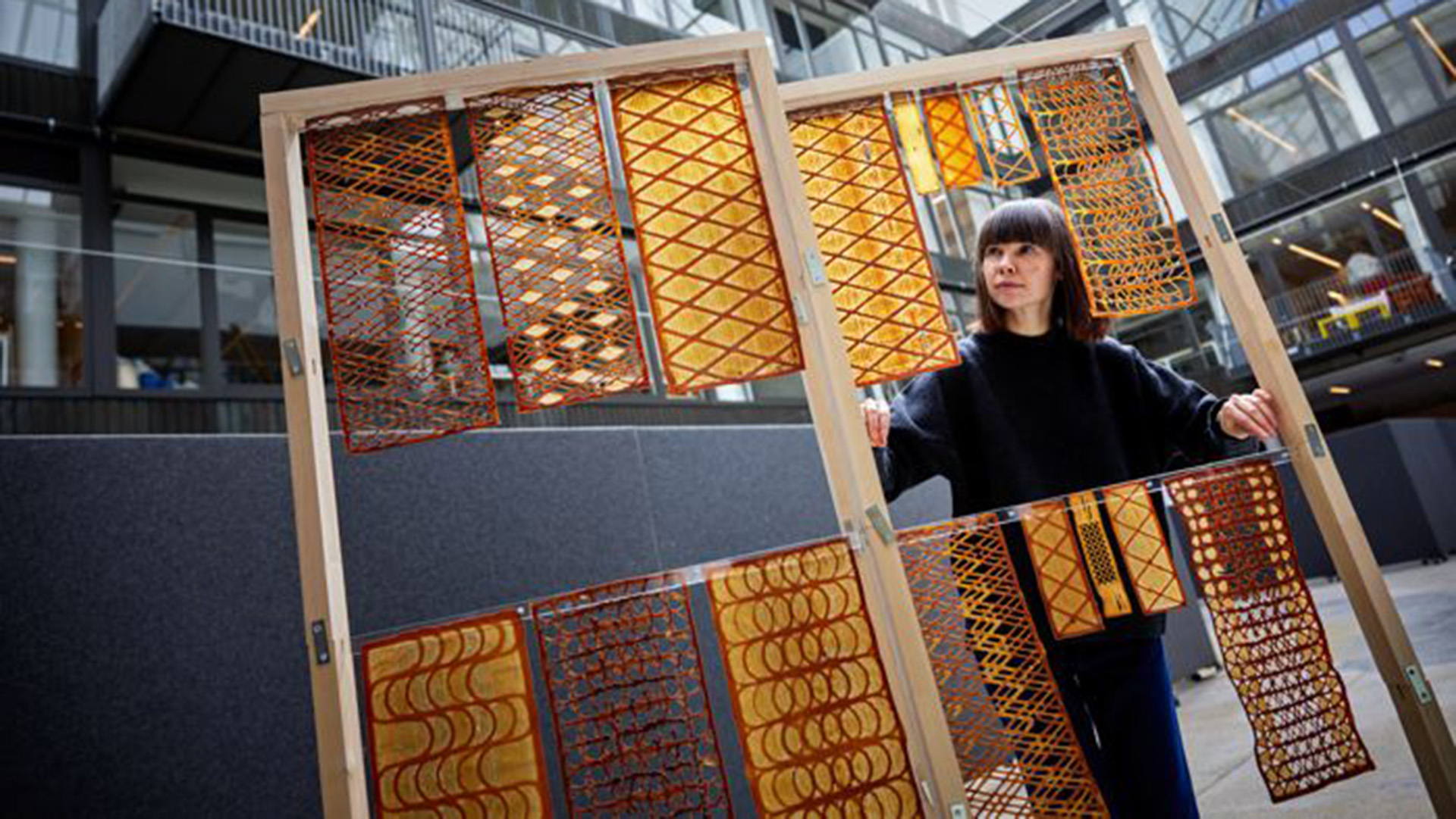 A close up of a golden printed patterned material